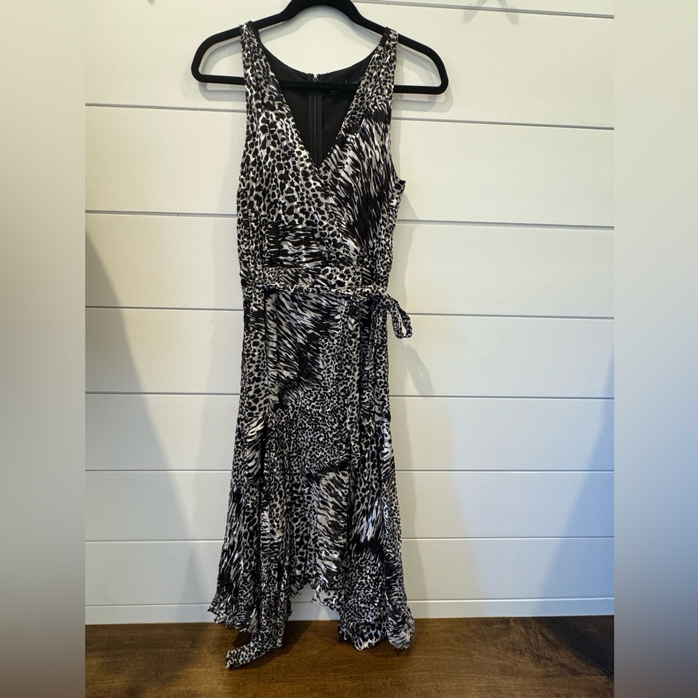White House Black Market Asymmetrical Black and White Animal Print V-neck Dress